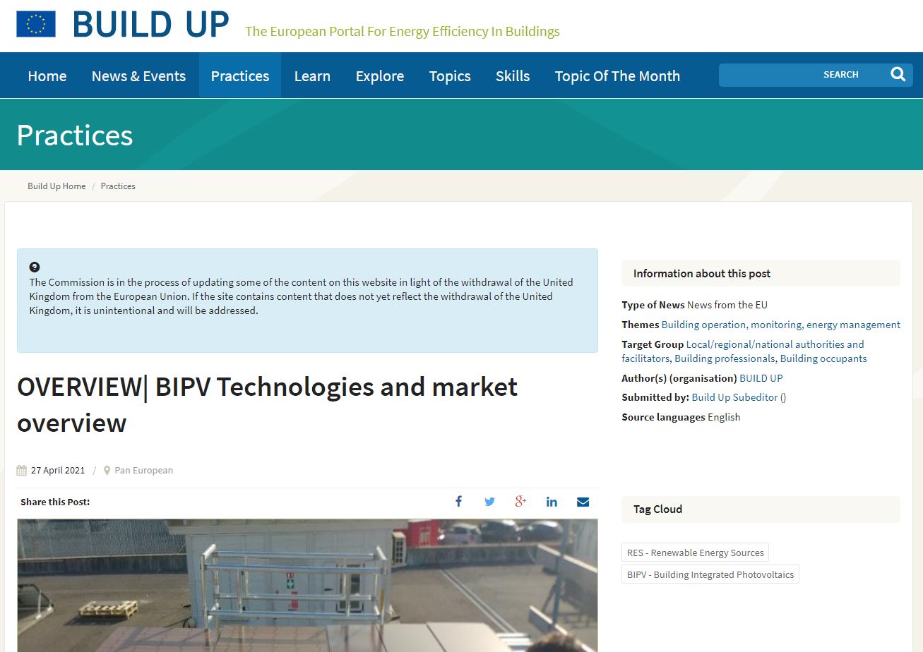 Scopri di più sull'articolo Articolo di trasferimento tecnologico: BIPV Technologies and market overview